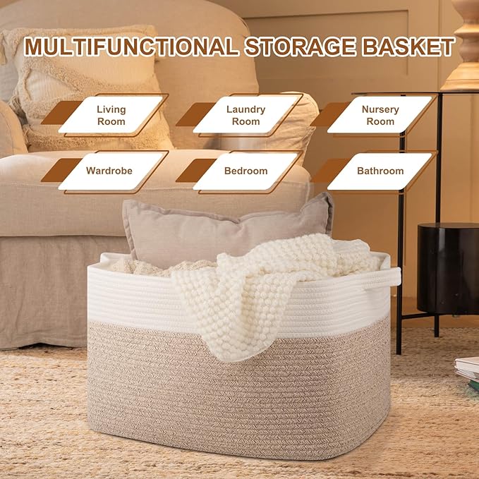 Blanket Basket for Living Room, Cotton Rope Basket for Storage, Toy Baskets Bin for kids, Woven Baskets with Handles for Clothes, Towels, Pillows, 20" x 16" x 12", Brown and White