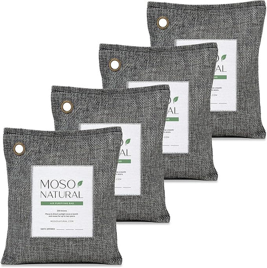 Moso Natural Air Purifying Bag 200g (4 Pack) | Premium Bamboo Charcoal Odor Absorber for Home & Car | Closet Odor Eliminator, Small Room Deodorizer & Car Air Freshener | Long Lasting Charcoal Bags