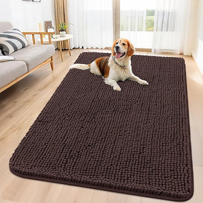 Smiry Dog Door Mat for Muddy Paws 59x35, Absorbs Moisture and Dirt Doormat, Non-Slip Washable Quick Dry Chenille Front Door Mat Indoor Entrance, Entryway Carpet for Inside Floor, Brown