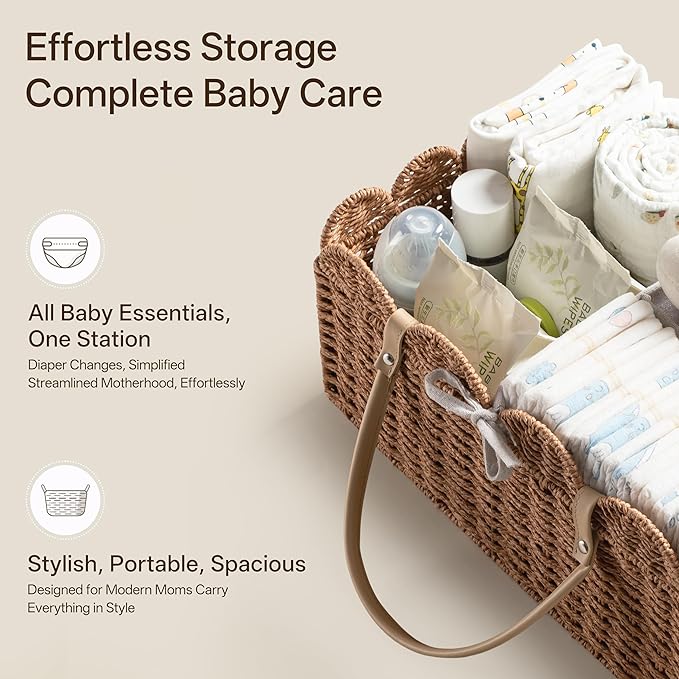 HBlife Baby Diaper Caddy, Paper Rope Storage Baskets Nursery Bin with Removable Divider, Portable Car Organizer for Diapers, Baby Shower Gifts, Newborn Essentials Must Haves