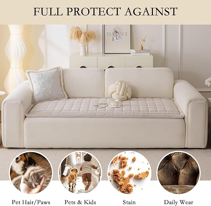 MYSKY HOME Couch Cover for Dogs Washable, Dog Sofa Couch Covers,Washable Non-Slip Couch Sofa Cover Protector Dog Mat for 2 Cushions and Sofas(Oatmeal,27.6" x 59")