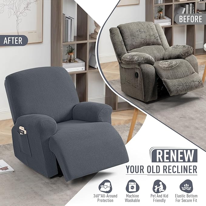 TAOCOCO Oversized Recliner Chair Covers, 1 Seater Streach Recliner Covers Soft Couch Protector Furniture Protector Covers with Elastic Chair Cover Jacquard Pattern (Grey)