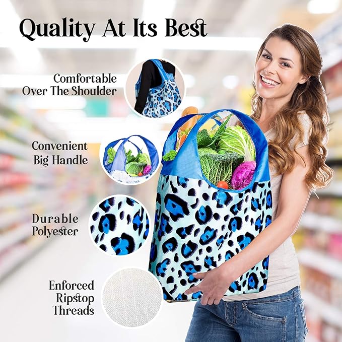 O-WITZ Reusable Grocery Bags | Vibrant Tote Bag For Groceries, Gym, Office, Beach & More | Washable Design With Large Handles For Maximum Convenience | Folds Into A Small Pouch, 5 Pack, Animal Vibes