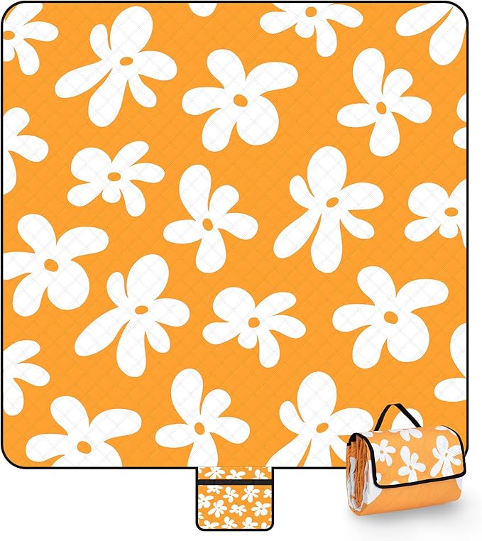 Picnic Blankets, 79''x79'' Extra Large Beach Blanket Waterproof Sandproof, 3-Layer Fabric Foldable & Portable Outdoor Beach Mat for Camping, Family Picnics, Travel, Lawn, Park Outings-Limoncello