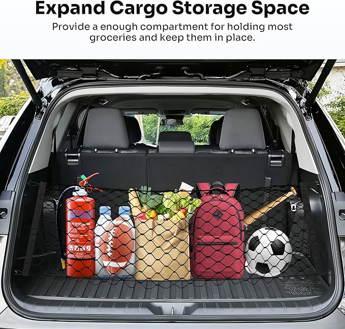 Trunk Cargo Net for 2024-2025 2026 Toyota Grand Highlander Accessories Envelope Style Mesh Trunk Net Organizer and Storage Stretchable Adjustable Elastic Nylon Rear Cargo Netting with Hooks