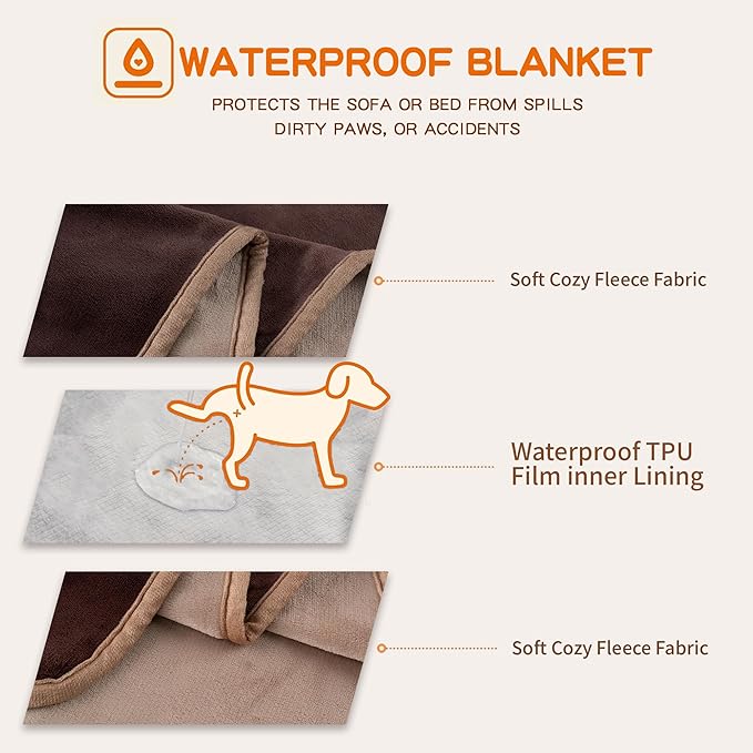 CAPT.SNOOZE Waterproof Dog Blankets Brown Pet Blanket 60"x80", Soft Fluffy Sofa Car Bed Protector, Reversible Leakproof Flannel Washable Dog Blanket for Large Dogs