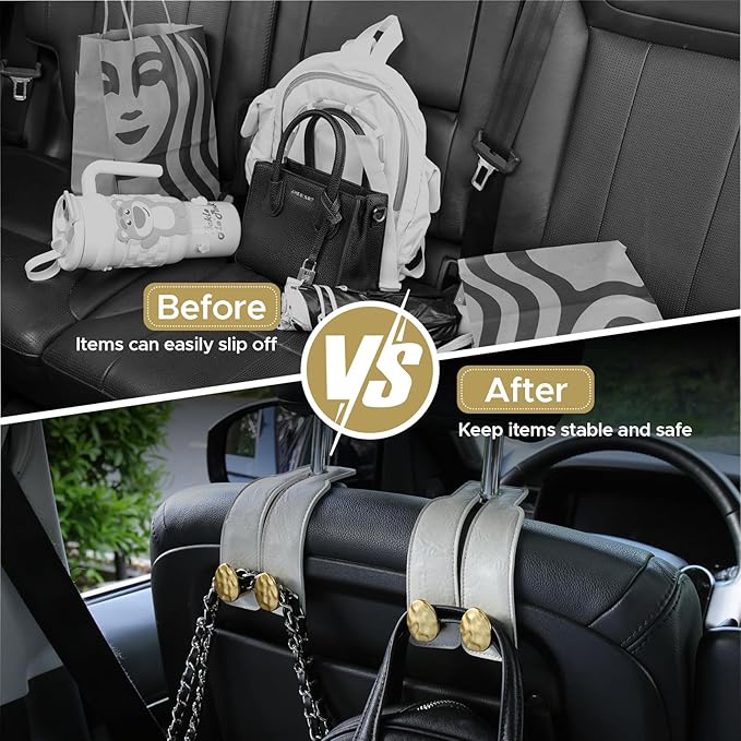 4 PCS Leather Car Seat Hooks for Headrest, Vehicle Hanger Storage Organizer Universal for Handbag Purse, Car Accessories Gift (White-Gold-4 PCS)