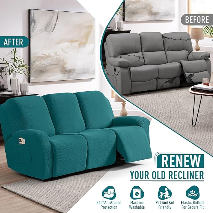 TAOCOCO Recliner Sofa Covers 8-Pieces Stretch Large Couch Covers for 3 Seats Reclining Slipcovers Soft Jacquard Pattern Furniture Protector (Peacock Blue)