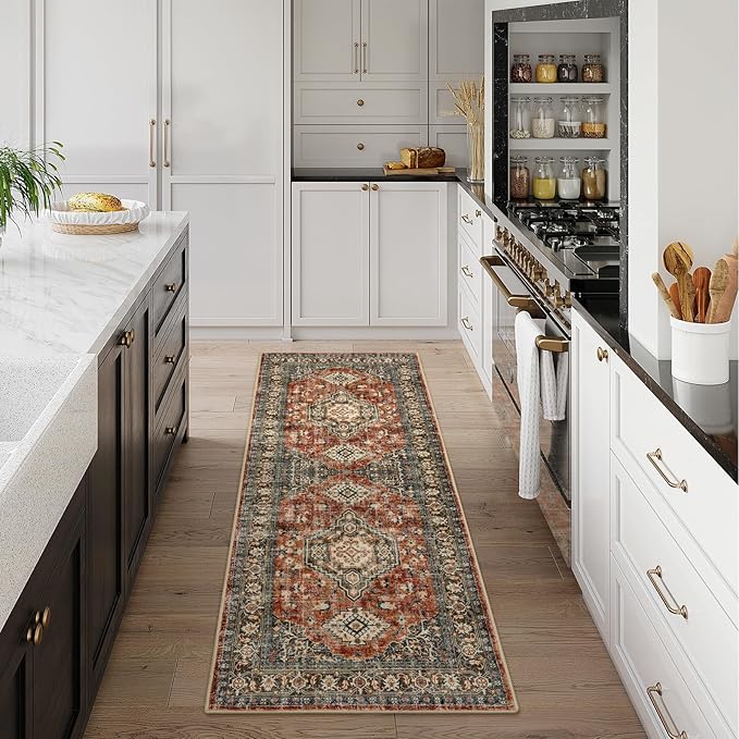 Lahome Oriental Kitchen Runner Rug Non Slip, 2x5 Washable Hallway Runner with Rubber Backing, Vintage Hallway Rug Ultra-Thin Soft Carpet for Bedroom Bathroom Eleanor, Brick Red