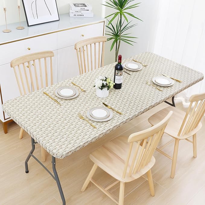 misaya Rectangle Vinyl Tablecloth, Fitted Table Cover, 100% Waterproof, Elastic Edge, Flannel Backing, Table Cloth Fit 4 Foot Folding Tables for Picnic, Camping, Outdoor (Weave, 24x48 inch)