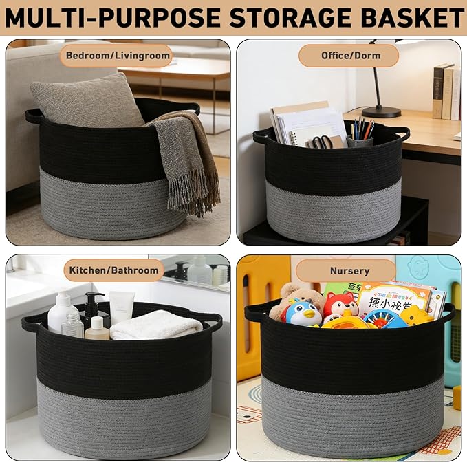 65L Large Woven Cotton Rope Blanket Basket with Handles, Laundry Hamper Storage Bin for Pillows, Comforters,Clothes, Toys, Nursery, Bedroom and Living Room Organization,Black&Dark Grey