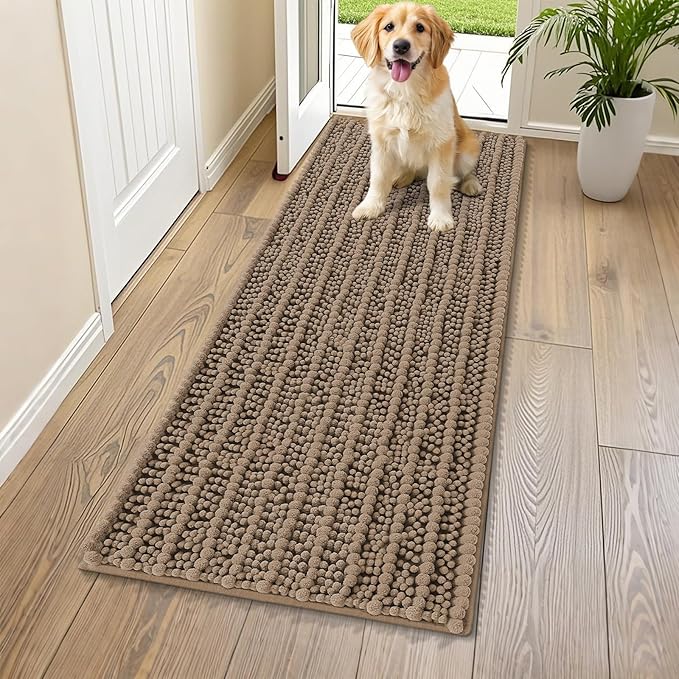 Smiry Dog Door Mat for Muddy Paws 59x24, Extra Soft Absorbent Chenille Doormat, Trap Moisture and Dirt, Non-Slip Machine Washable Front Door Mat for Indoor Entrance Inside Floor, Camel