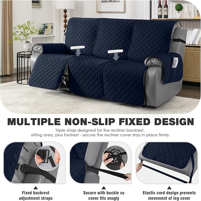 TAOCOCO 100% Waterproof Recliner Couch Covers, Recliner Sofa Covers with Leg Straps, 1-Piece Washable Reclining Sofa Cover with Pocket Couch Protector for Pets Kids(3 Seater, Dark Blue)
