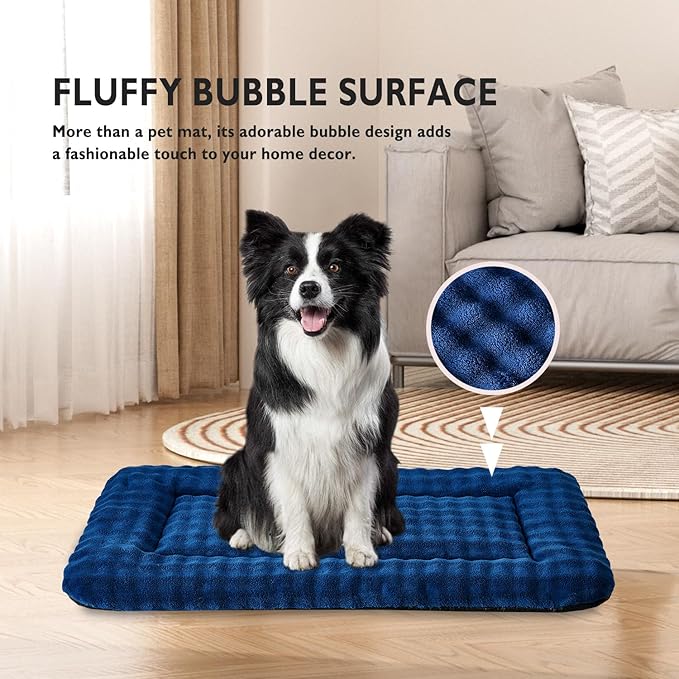 Dog Bed Mat Crate Pad for Large Dogs, Washable Soft Pet Sleeping Mat Kennel Pad with 3D Bubble Pattern, Navy Blue, 36"x 23"