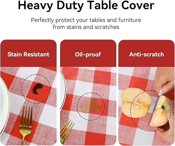 Romanstile Gingham Rectangle Plastic Tablecloth, 100% Waterproof Oil-Proof Checkered PVC Table Cloth, Heavy Duty Vinyl Table Cover for Dining, Camping, Picnic, Outdoor - 54 x 78 Inch, Red and White