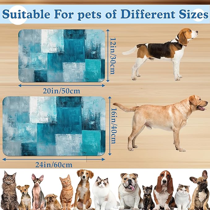 Blue Teal Dog Cat Food Mat–Absorbent Waterproof Placemat for Food and Water Bowls, Non Slip Rubber Backing, Feeding Mat for Clean Floors 16"x24"