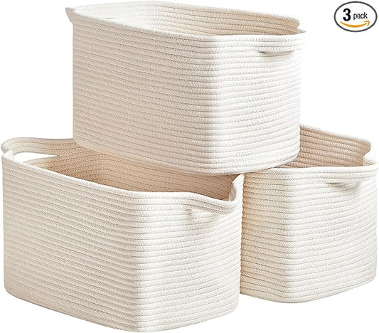 R RUNKA Cotton Rope Basket Set of 3 (15"x10.2"x9.1") - Rectangle Storage Bins - Versatile Toy Storage Organizer - Perfect for Kids, Dog Toys, Books, Shelves - White