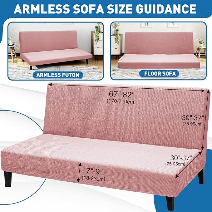 ZNSAYOTX Stretch Fit Futon Cover (67"-82") Armless Futon Sofa Bed Slipcover with Elastic Band, Universal Foldable Sofa Mattress Protector Full Queen Size, Washable Comfort Jacquard (Rose)