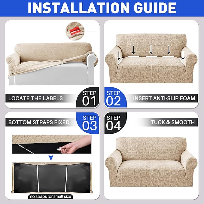 YEMYHOM 1 Piece Stretch Couch Covers for 2 Cushion Couch, Jacquard Loveseat Cover with Non-Slip Elastic Bottom, Thickened Slipcover Furniture Protector for Dogs Pets (Medium, Khaki）