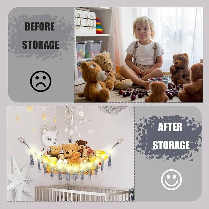 CERETIA Stuffed Animal Hammock with LED Light, Large Stuffed Animals Storage Corner Plushie Net for Kids Room Decor, Grey