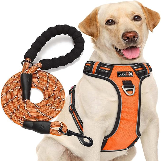 No Pull Dog Harness Adjustable Reflective Oxford Easy Control Medium Large Dog Harness with A Free Heavy Duty 5ft Dog Leash (XL (Neck: 22"-32", Chest: 31"-38"), Orange Harness+Leash)