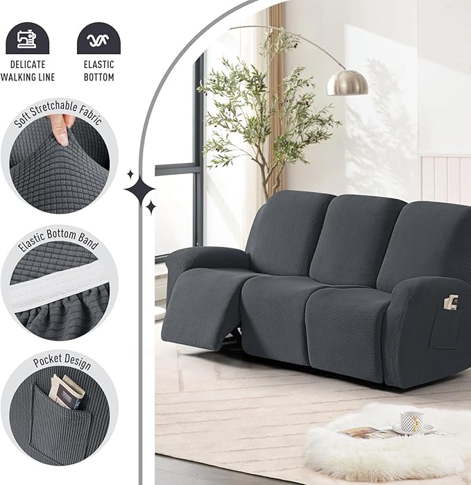 TAOCOCO Recliner Sofa Covers 8-Pieces Stretch Large Couch Covers for 3 Seats Reclining Slipcovers Soft Jacquard Pattern Furniture Protector (Charcoal Grey)