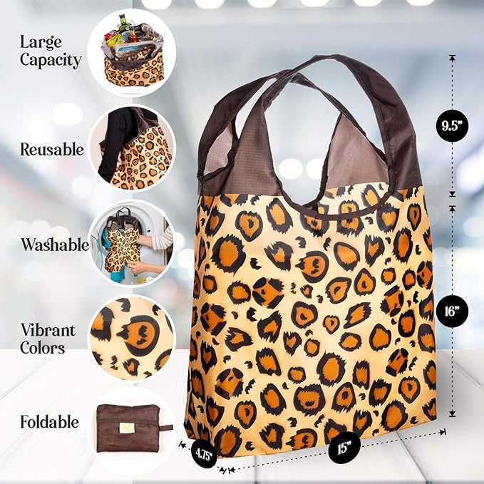 O-WITZ Reusable Grocery Bags | Vibrant Tote Bag For Groceries, Gym, Office, Beach & More | Washable Design With Large Handles For Maximum Convenience | Folds Into A Small Pouch, 5 Pack, Animal Vibes