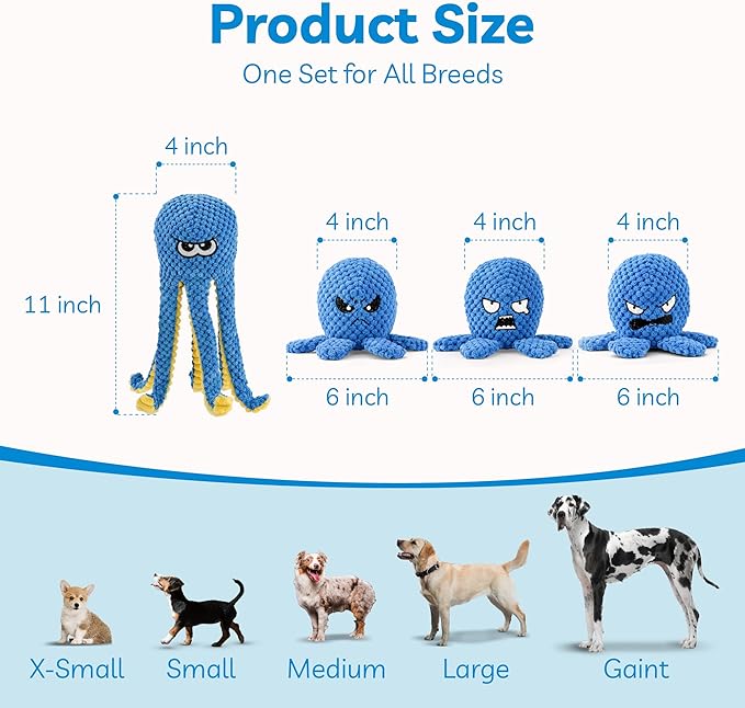 Interactive Dog Toys Octopus, 4 Pack Squeaky Hide And Seek Large Dog Toys to Keep Them Busy, Tough Plush Chew Toy, Tug of War Doggie Toy for Small,Medium and Large Breeds, Puppy Toys Puzzle