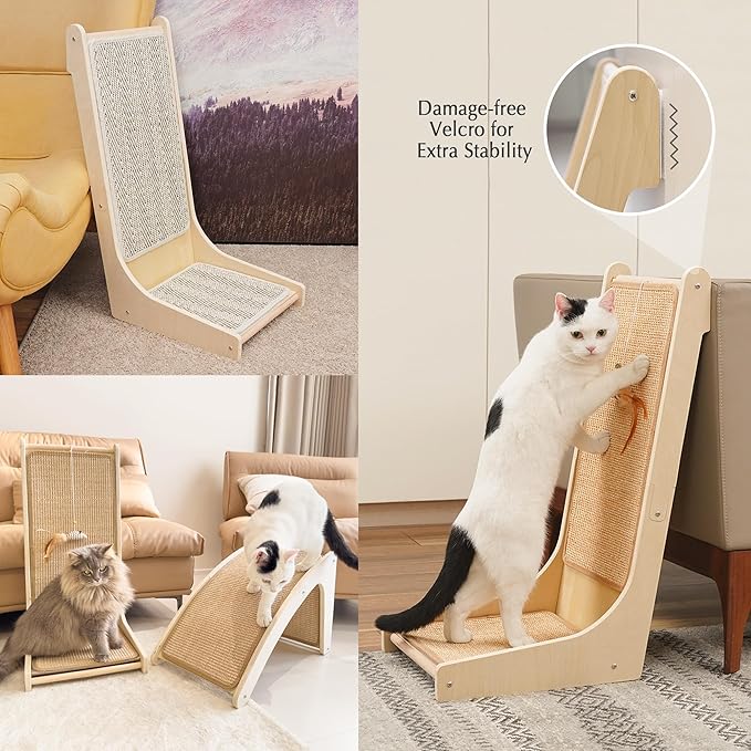 PETKARAY 105° Cat Scratcher, Sisal Kitty Scratch Pad, L Shape Scratching Board for Indoor Cats, Floor Mounted Scratcher with Mouse Toy Catnip