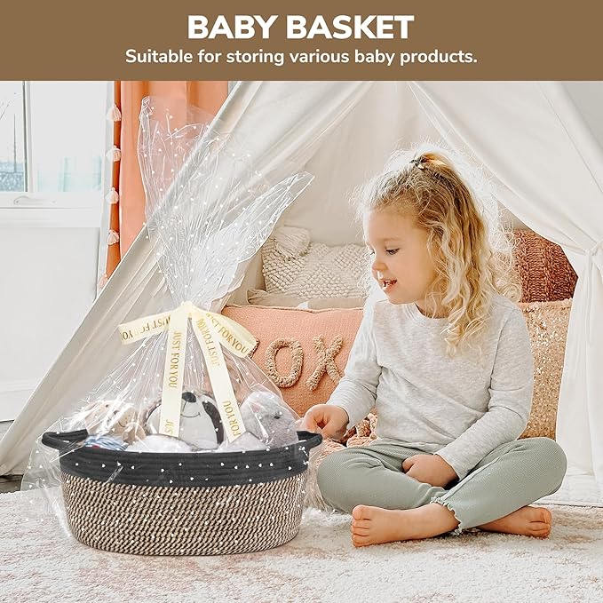 CHICVITA Gift Basket Empty, Small Basket with Gift Bags & Ribbon for Easter, Woven Baskets for Storage, Dog Toy Storage,13.6"x 10" x 6", Black & Jute