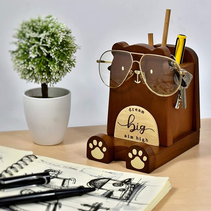 I'm Wood Multipurpose Eyeglass Phone Pen & Pencil Holder Stand Stationery Desk Box Organizer Accessories, Home Office Desktop Decor Birthday Graduation Gifts “Dream Big Aim High”(Bear)