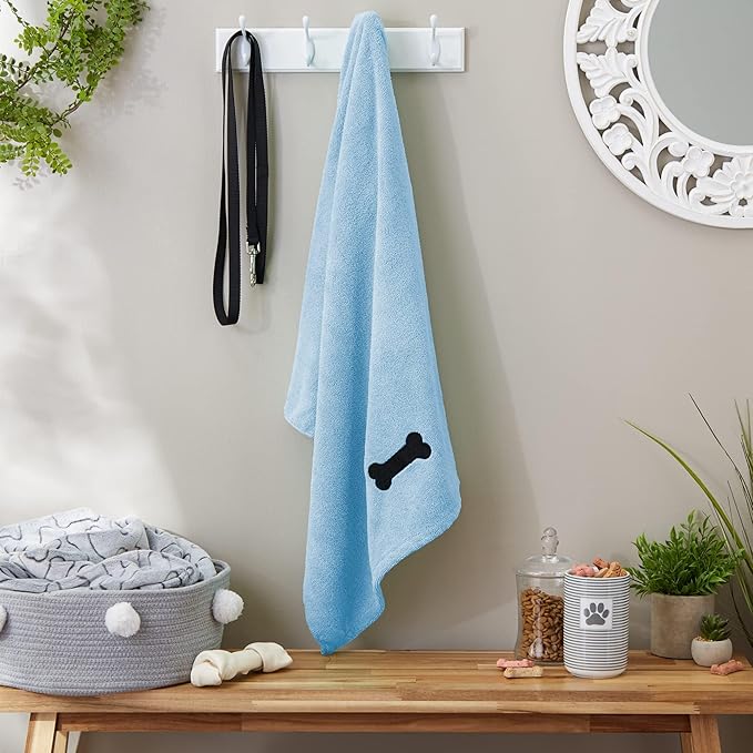 Bone Dry Pet Grooming Microfiber Towel, Embroidered Collection, X-Large,41x23.5", Blue