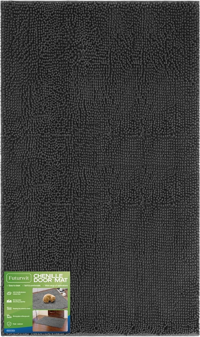 Futurwit Dog Door Mat for Muddy Paws, 60" x 30" Chenille Absorbent Front Door Mat Inside, Large Runner Mud Mat for Dogs, Trap Dirt Washable Non Slip Outdoor Indoor Entrance Doormats, Grey