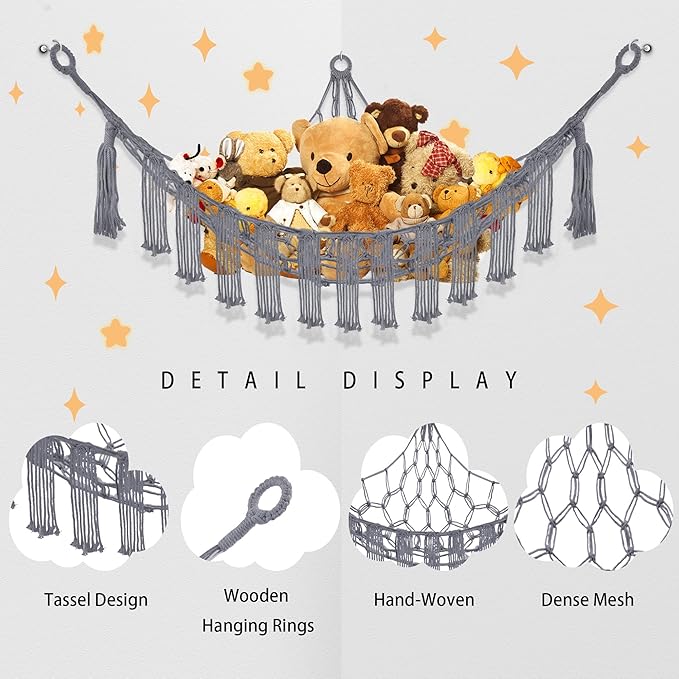 CERETIA Stuffed Animal Hammock with LED Light, Large Stuffed Animals Storage Corner Plushie Net for Kids Room Decor, 2 Packs Grey