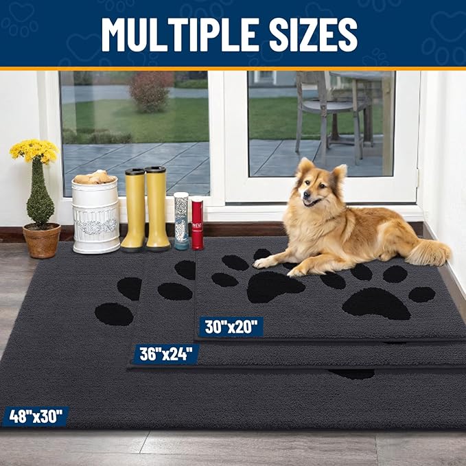 Smiry Dog Door Mat for Muddy Paws, Absorbs Moisture and Dirt, Low-Profile Entryway Mat with Non-Slip Backing, Entry Indoor Outdoor Doormat for Inside Floor (48x30 Inches, Black, Paw)