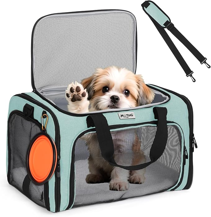 Pet Carrier for Cats & Small Dogs, Travel Carrier with Anti-Collapse Support, Chew Resistant Buckles, Luggage Sleeve, Multi-Pocket Storage, Reversible Mat & Bowl (Green, Medium (17.5"x11"x11.5"))