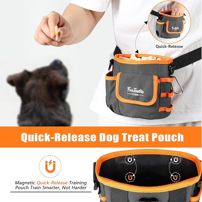 Upgraded Dog Treat Pouch with Quick-Release Magnetic Closure, 3-Way Wear Treat Bags, 900D Waterproof Fabric, 4 Storage Spaces, Treat Pouch for Pet Training Walking (Dark Grey)