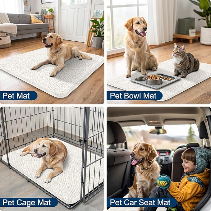 Smiry Dog Door Mat for Muddy Paws 48x30, Absorbs Moisture and Dirt Doormat, Non-Slip Washable Quick Dry Chenille Front Door Mat Indoor Entrance, Entryway Carpet for Inside Floor, Ivory