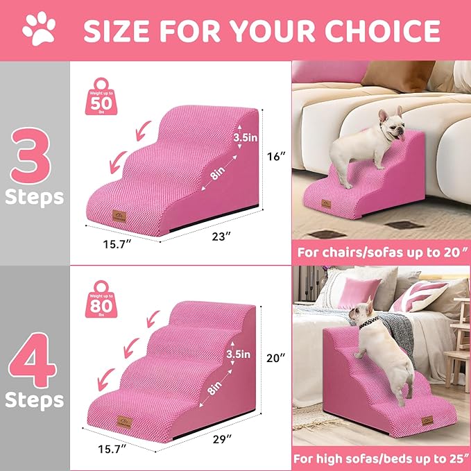 Zerbuger Dog Ramp and Stair for Bed 16" H-20 H,3-Step Cat Stair for Sofa and Chair,4-Step Dog Ramp for High Bed and Window,Durable Nonslip Fabric Cover for Indoor (Pink-20 H, Pet Friendly, 4)