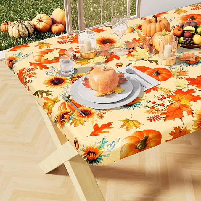 misaya Rectangle Vinyl Tablecloth, Fitted Table Cover, 100% Waterproof, Elastic Edge, Flannel Backing, Plastic Table Cloth Fit 6 Foot Folding Tables for Fall, Thanksgiving (Pumpkin Orange, 30x72 inch)