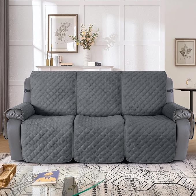 TAOCOCO 100% Waterproof Recliner Couch Covers, Recliner Sofa Covers with Leg Straps, 1-Piece Washable Reclining Sofa Cover with Pocket Couch Protector for Pets Kids(3 Seater, Dark Grey)