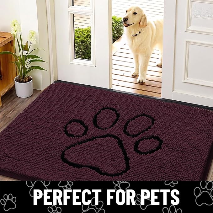 Smiry Dog Door Mat for Muddy Paws, Absorbent Dirt Trapper Non Slip Quick Dry Washable Chenille Mat for Mud Dogs, Entry Rug for Indoor and Outdoor (36x24 Inches, Russet and Black)