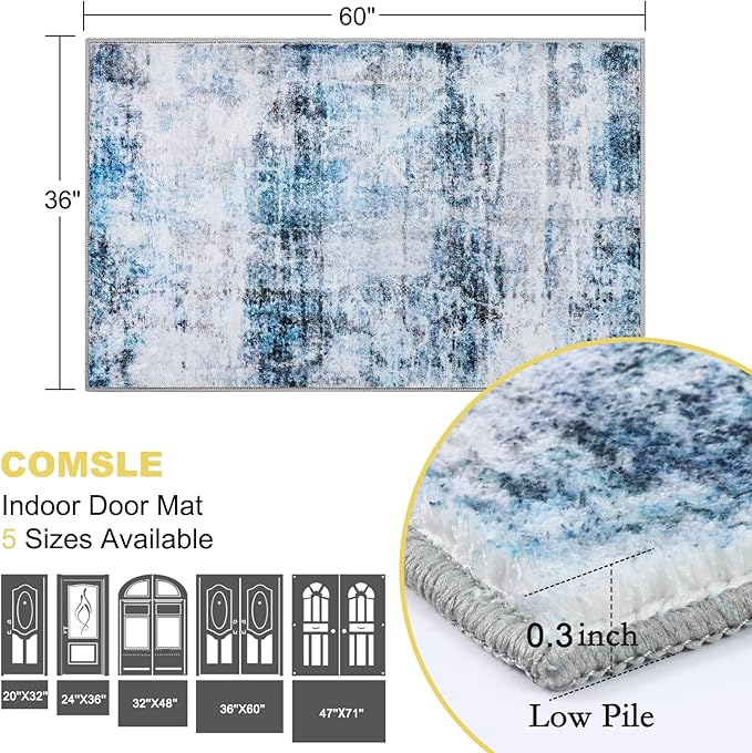 COMSLE Door Mat, Front Door Mat Indoor for Entrance Faux Wool Absorbent Non Slip Modern Throw Rug for Entryway Bedroom Muddy Paws - Pet Friendly, 36x60 Inches,Smashing Blue Machine Washable
