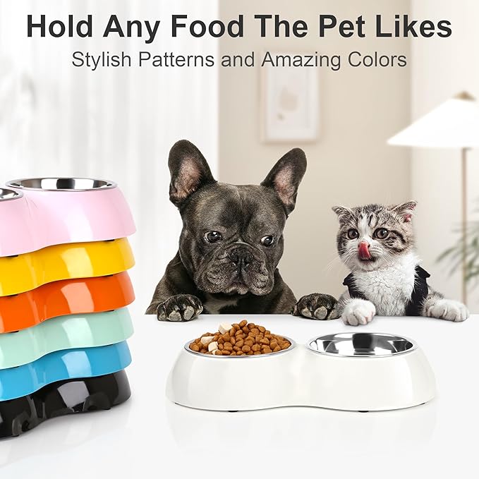 Petvillage Stainless Steel Dog Bowls Set – Dual Non-Slip Pet Dishes with 2 Small (4oz*2) Bowls & Durable Resin Stand,Food & Water Feeder for Kittens– White