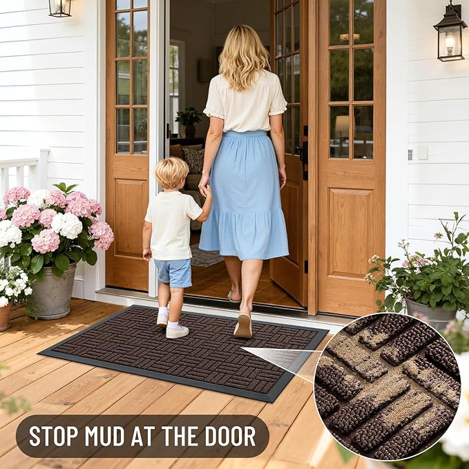 OLANLY Front Door Mat Outside Entrance 59x34, Absorbent, Heavy Duty Sturdy Natural Rubber Doormat Indoor Outdoor, Stain and Fade Resistant, Non-Slip Backing Low Profile Floor Mat for Entryway, Brown