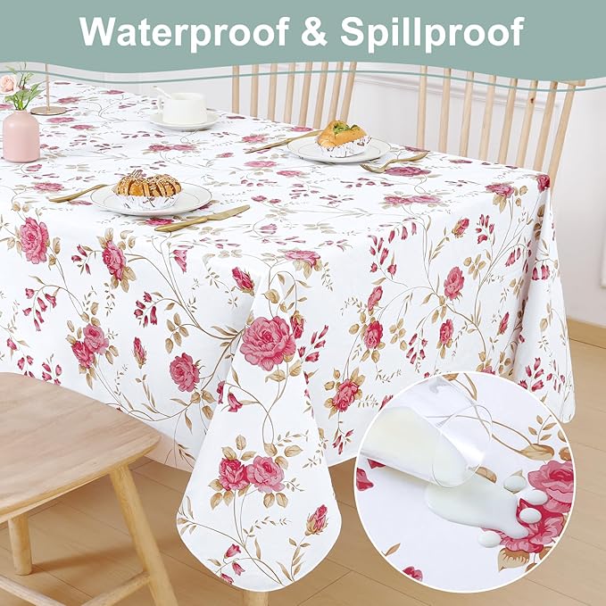 misaya Rectangle Waterproof Vinyl Table Cloth, Plastic Tablecloth with Flannel Backing, Wipeable Table Cover for Dinner, Picnic, Indoor and Outdoor (Pink Flowers, 52" x 70")