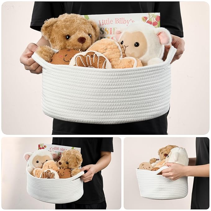 Small Woven Gift Basket Empty with Bag & Ribbon - Gifts for Mom, Baby Shower, Birthdays & Raffle - Cotton Rope Storage Basket for Dog Toys or Shelf - 13.4"x10"x5.5", Large, White