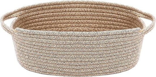 JMvicyroam Woven Basket,Small Rope Storage Bin with Handles & Ribbon Bag, Organizer for Shelves Closets,Gift Basket Empty for Birthday,Books,Dog Toys,Oatmeal