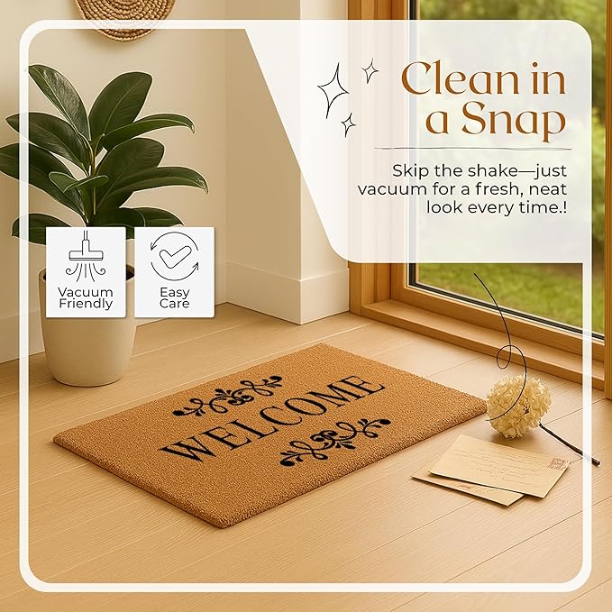 COCONIQ Coir Door Mats 17" X 30", Non-Slip Sturdy, PVC Backed Heavy Duty, Easy to Clean, Ideal for Door Entrance, Patio, Porch, Backyard, Garages, Welcome Floral Border