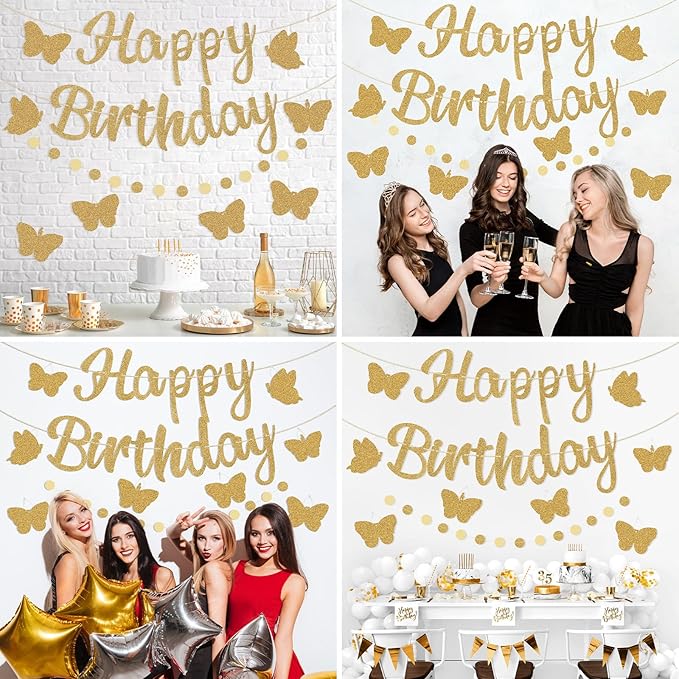 Pre-Strung Happy Birthday Banner, Gold Birthday Decorations with Butterflies and Circle Dot Garland, NO DIY Butterfly Party Decorations for Women Girls